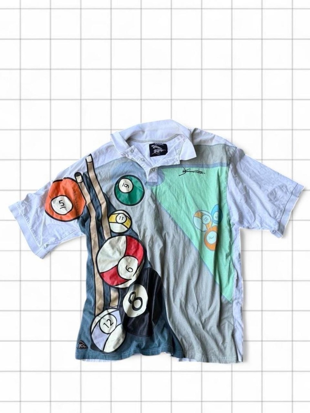 Vintage-Style Men’s Pool Ball Graphic Polo Shirt - White/Teal